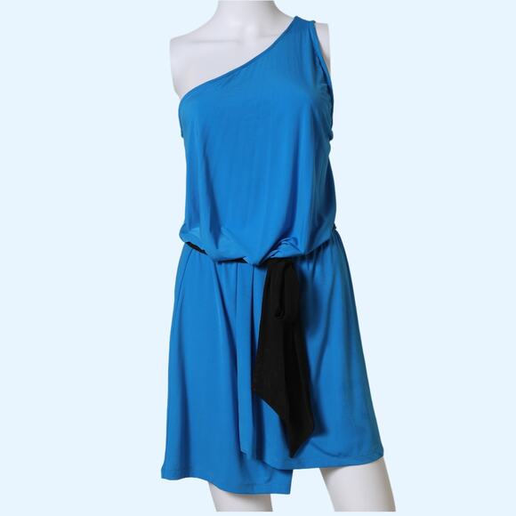 JAY GODFREY Blue One-Shoulder Mini Dress With Black Belt - Picture 2 of 7